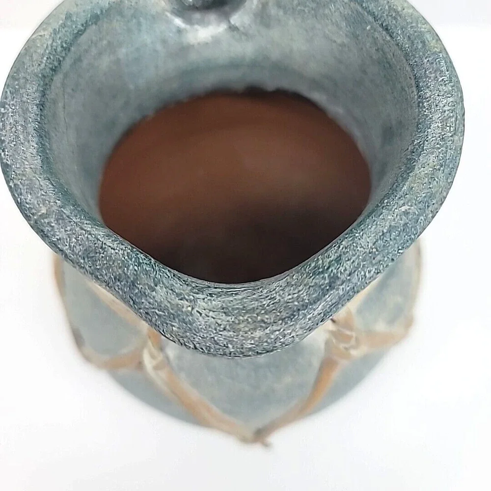 Vintage Coastal Rattan Wrapped Blue Terra‎ Cotta Pitcher 8.25